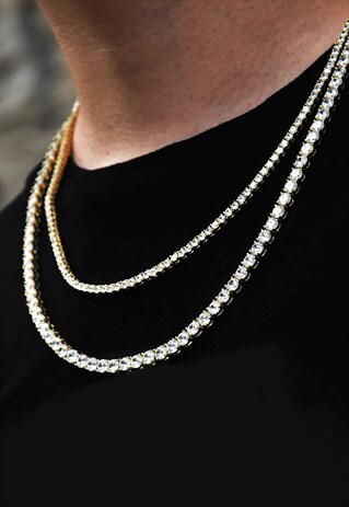 WOMEN'S 24" 5MM ICED DIAMOND CRYSTAL NECKLACE CHAIN - GOLD