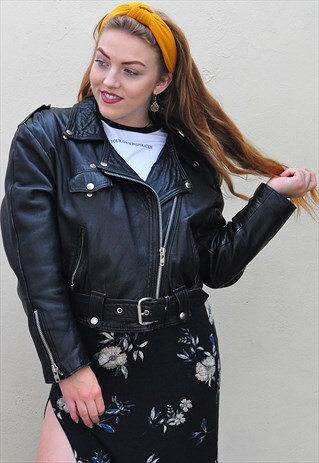 VINTAGE 80'S CROPPED BLACK LEATHER MOTORCYCLE BIKER JACKET