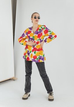 Vintage Long Sleeve Watercolor Printed Shirt Peplum Hem M