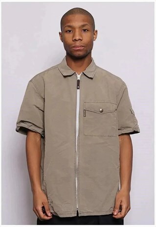 VINTAGE ARMANI LOGO ZIP UP OVERSHIRT BEIGE