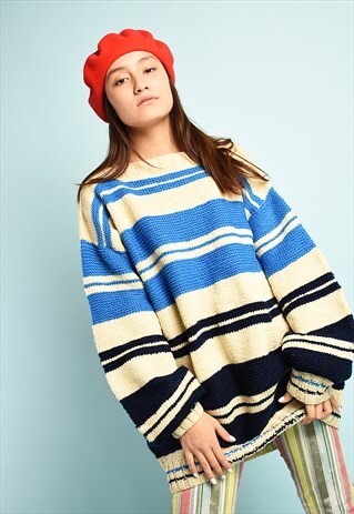 VINTAGE 80'S RETRO HANDKNITTED STRIPED CHUNKY SLOUCHY JUMPER