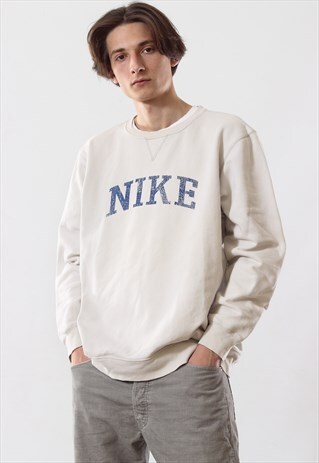 VINTAGE MENS NIKE BIG LOGO ARC SPELL OUT SWEATSHIRT BEIGE