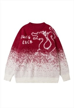 Dragon print sweater fluffy jumper tie-dye pullover in red