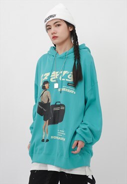 Anime print hoodie Japanese pullover old cartoon jumper turq