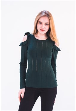 Frill Cold Shoulder Top With Long Sleeves in Green