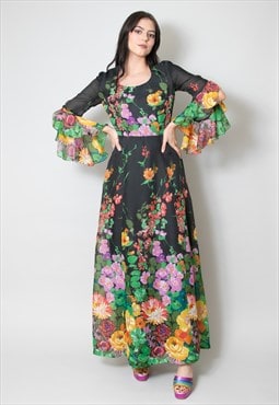 70's Vintage Black Maxi Dress Floral Print Ruffles