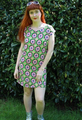 VINTAGE 70S NEON GREEN PINK BLACK FLORAL FESTIVAL MINI DRESS