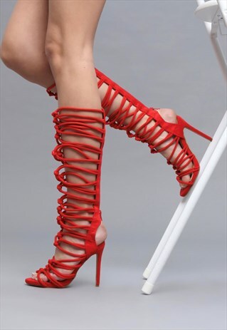 COLUMBIA ROPE LACE UP RED KNEE HIGH HEELS