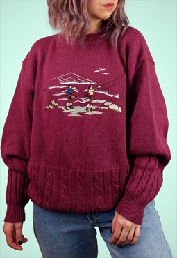 Vintage 80's Unisex Retro Fishing Novelty Sweater Burgundy