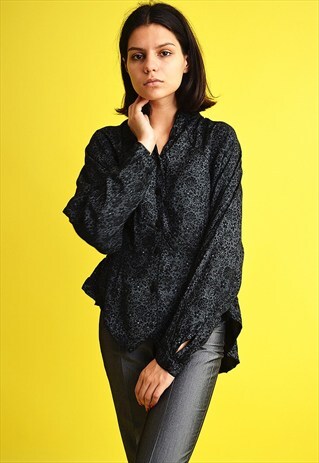 80'S RETRO FLORAL PATTERN MONOCHROME OVERSIZED BLOUSE TOP