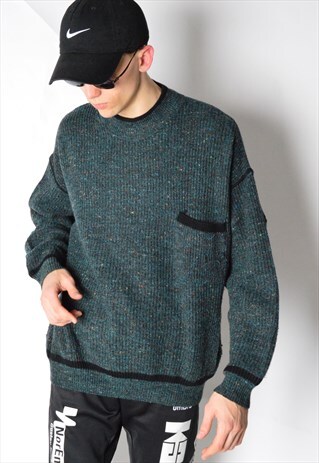 VINTAGE 90S GREEN BLUE MIX WOOL BLEND KNIT JUMPER