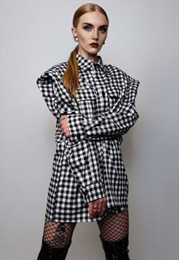 Padded check shirt long sleeve plaid punk top grunge blouse 