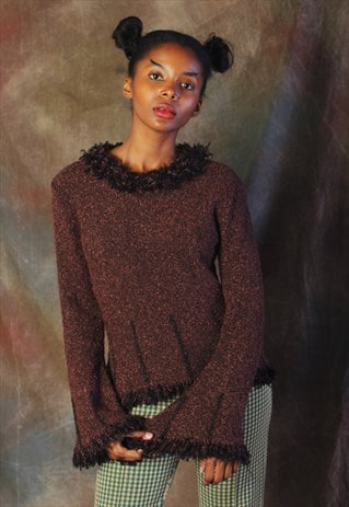 BROWN FUZZY COLLAR SWEATER