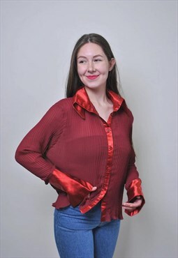 Vintage red ribbed party blouse, 90s bright collar shirt 