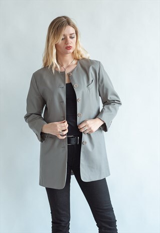 VINTAGE 80S MINIMAL ROUND NECK BLAZER IN GREY