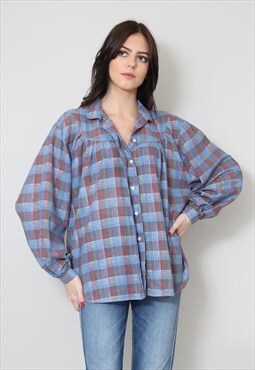 70's Vintage Blue Check Silver Lurex Smock Ladies Blouse