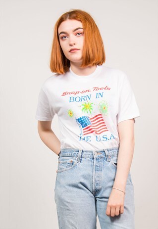 VINTAGE 80'S WHITE BORN IN THE USA PRINT T-SHIRT