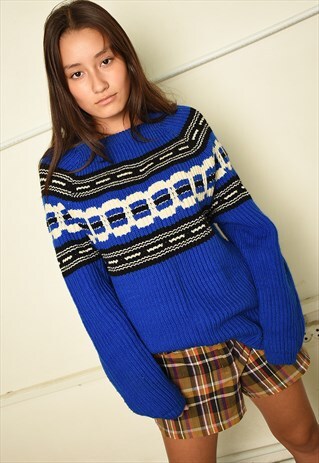 70S PARIS CHIC ICELANDIC FAIR ISLE CHUNKY RIBBED KNIT JUMPER