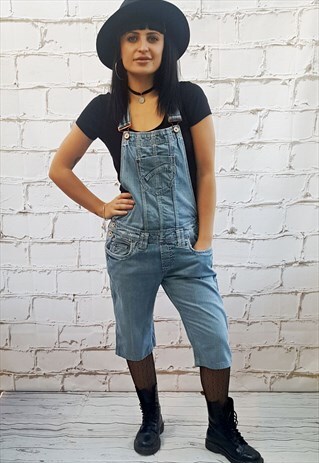 VINTAGE BLUE WASH DENIM SHORT DUNGAREES