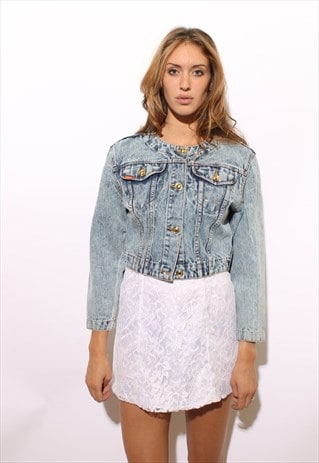VINTAGE 1980'S 80'S ACID WASH DENIM CROPPED JACKET GOLD M-L