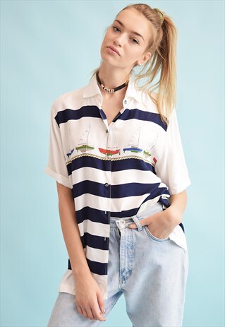 90'S RETRO NAUTICAL STRIPED PRINT OVERSIZED DADS BLOUSE TOP
