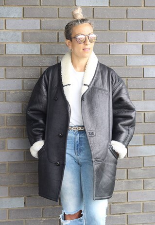 VINTAGE 1990S BLACK LEATHER SHEEPSKIN LONGLINE AVIATOR COAT