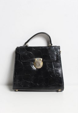 VIntage 80s Snakeskin Print Embossed Leather Handbag Black