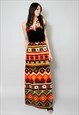 70'S LADIES VINTAGE DRESS VELVET BLACK AZTEC PRINT HALTER 