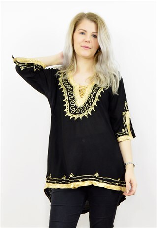 VINTAGE 90S BLACK AND GOLD ETHNIC BOHO TUNIC TOP