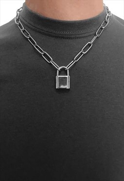 Women's 30" Padlock Pendant Oval Necklace Chain - Silver