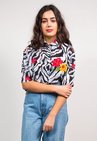 VINTAGE 90'S ZEBRA PRINT SHEER HAWAIIAN BLOUSE