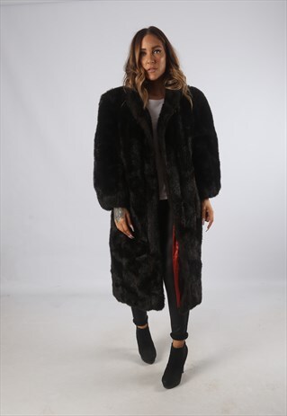 VINTAGE FAUX FUR COAT JACKET MID LONG UK L 14 (C9BI)