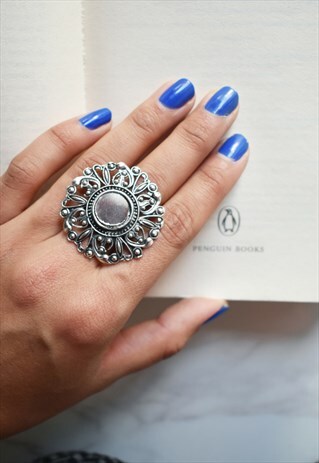 SILVER STATEMENT RING WITH MIRROR CENTER ADJUSTABLE SIZE