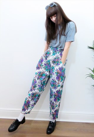 RETRO 90S VINTAGE FLORAL HIGH WAISTED PAPER BAG TROUSERS