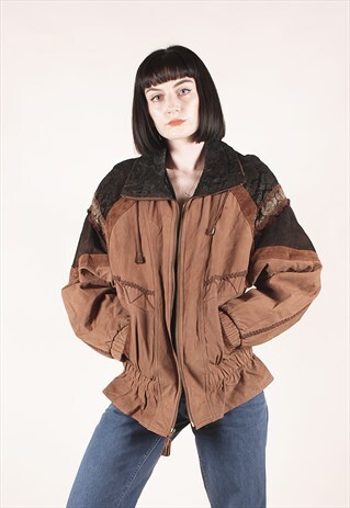 VINTAGE CRAZY PATTERN BROWN GENUINE LEATHER JACKET /MM2373