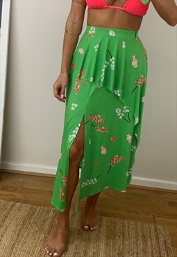 Midi Skirt with Frill in Green Blossom Print