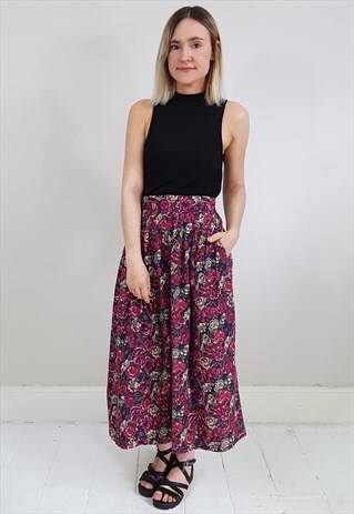 VINTAGE 90'S DEEP PINK AND BURGUNDY FLORAL MIDI SKIRT