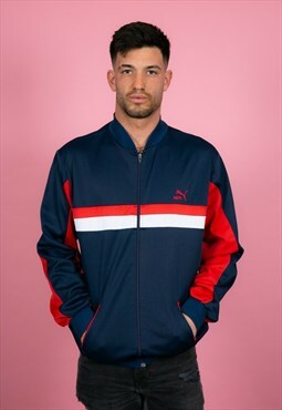 80s 90s Vintage Navy Blue Red White PUMA Tracksuit Top Track