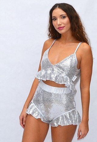 SILVER SEQUIN FRILL HOT PANTS