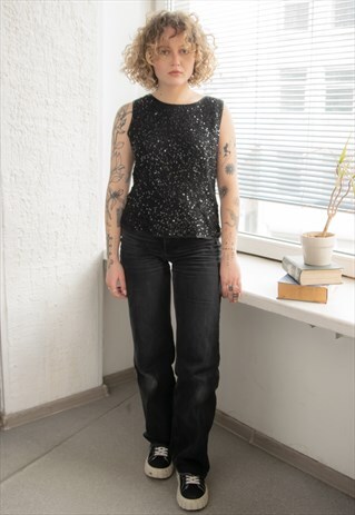 VINTAGE 80'S BLACK BEADED VEST TOP