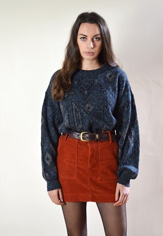 80S VINTAGE DARK BLUE GREEN ABSTRACT PATTERN KNIT JUMPER