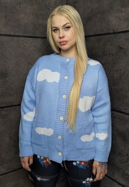 Cloud sweater thin sky print jumper retro knit top in blue