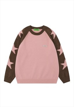 Knitted raglan sweater fluffy star print jumper in pink