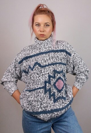 VINTAGE 80'S TURTLENECK WOOL KNIT JUMPER GRAPHIC PATTERN