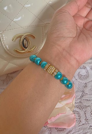 BLUE AND GOLD SWAROVSKI CRYSTAL AND PEARL BEAD BRACELET