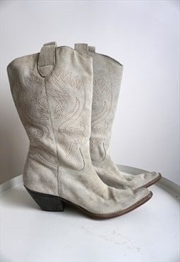 Vintage Beige Suede Leather Cowboy Western Boots Shoes