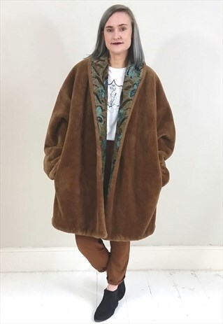 VINTAGE 80'S BROWN FAUX FUR ART DECO STYLE COAT