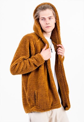 FLEECE CARDIGAN IN BROWN WITH HOOD AND SIDE POCKETS