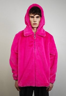Neon pink fur jacket soft fleece rave coat bright festival 