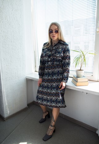 VINTAGE 60'S MULTICOLOUR PATTERNED MIDI BELTED DRESS